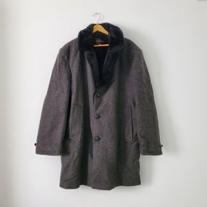 Men Vintage Fur Lined Overcoat Coat Button Down Wool Blend Jacket Gray Size 44